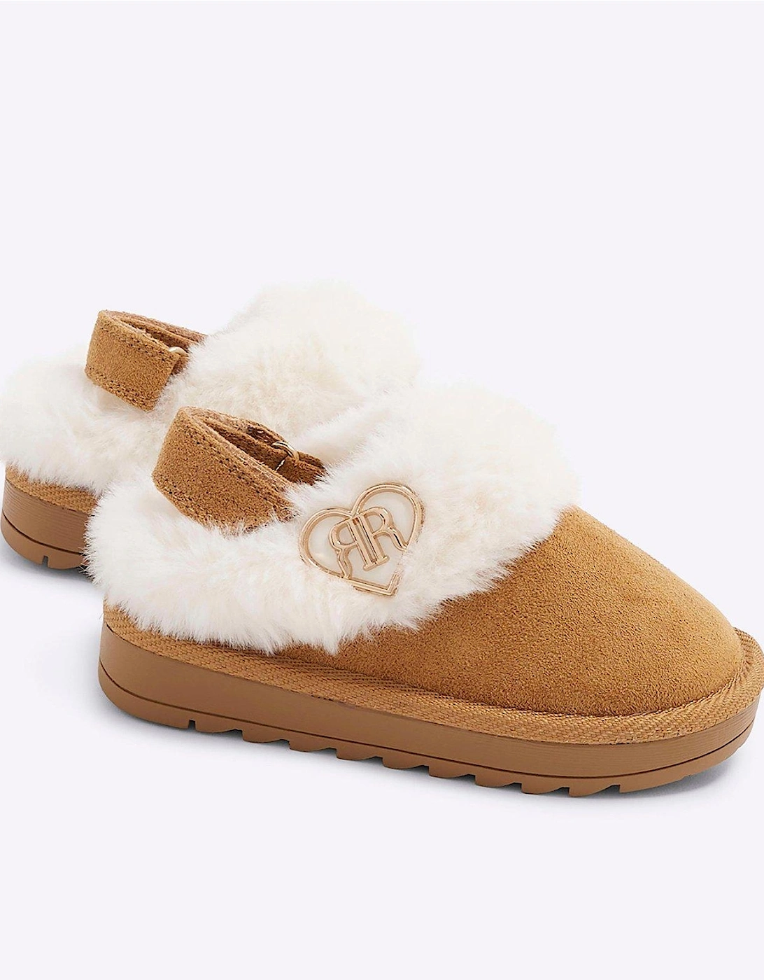 Girls Faux Fur Closed Toe Slippers - Brown