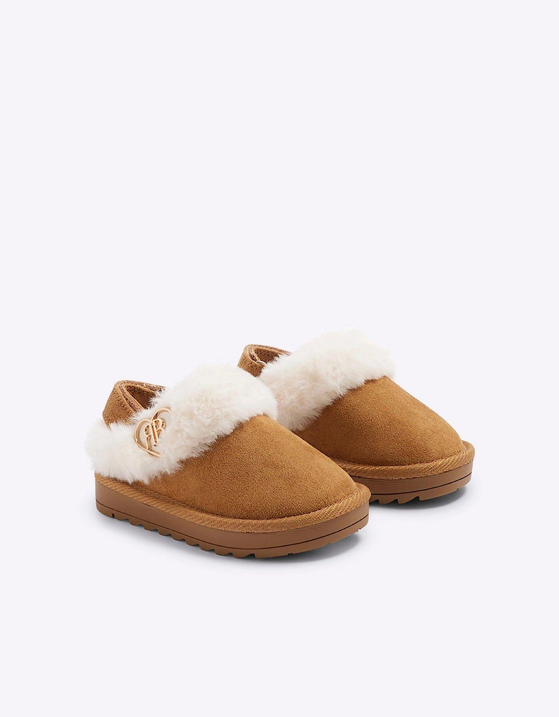 Girls Faux Fur Closed Toe Slippers - Brown