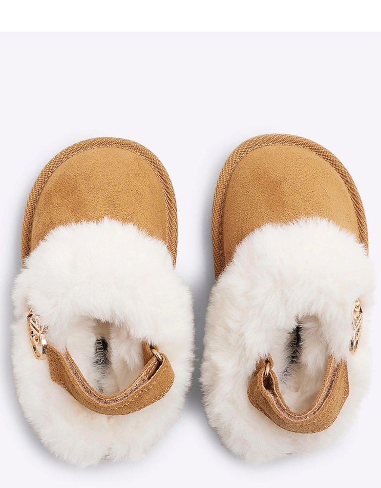 Girls Faux Fur Closed Toe Slippers - Brown