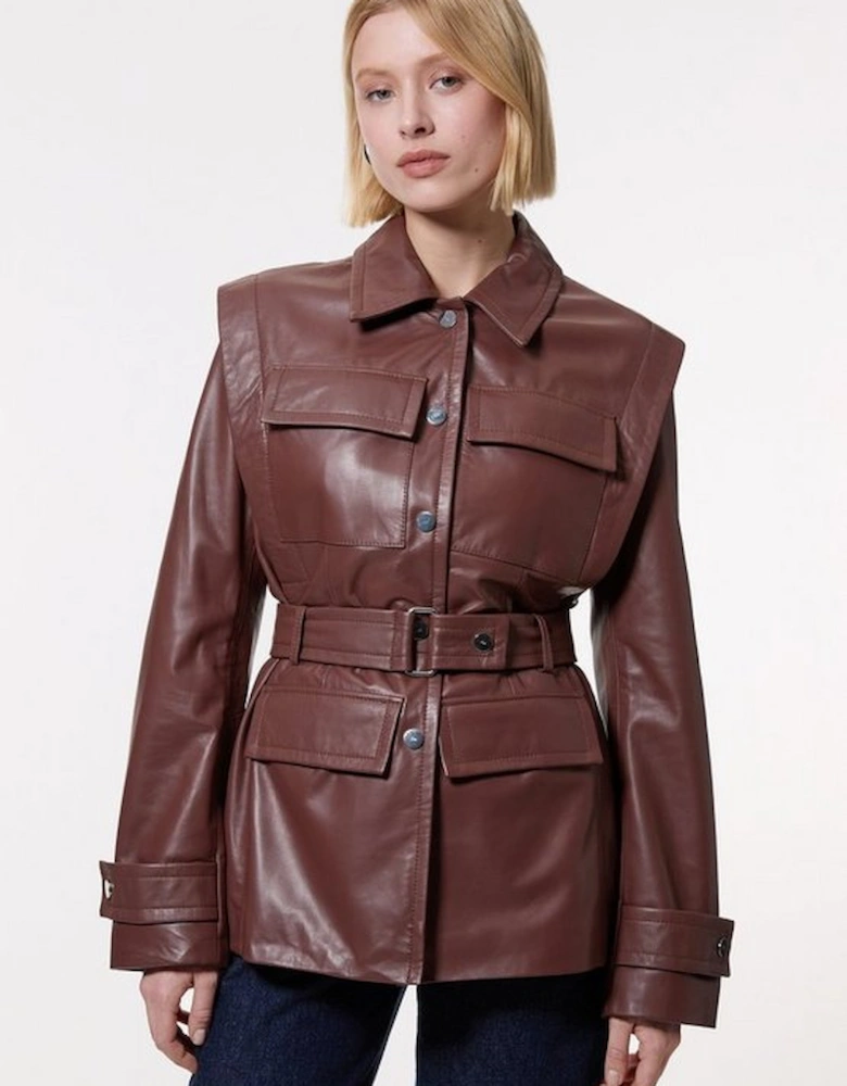 Leather Belted Shoulder Detail Tailored Jacket