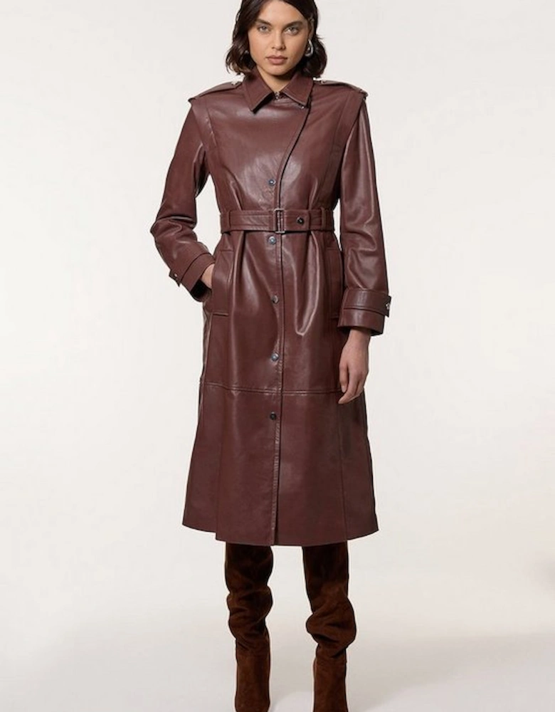 Leather Strong Shoulder Belted Midi Trench Coat