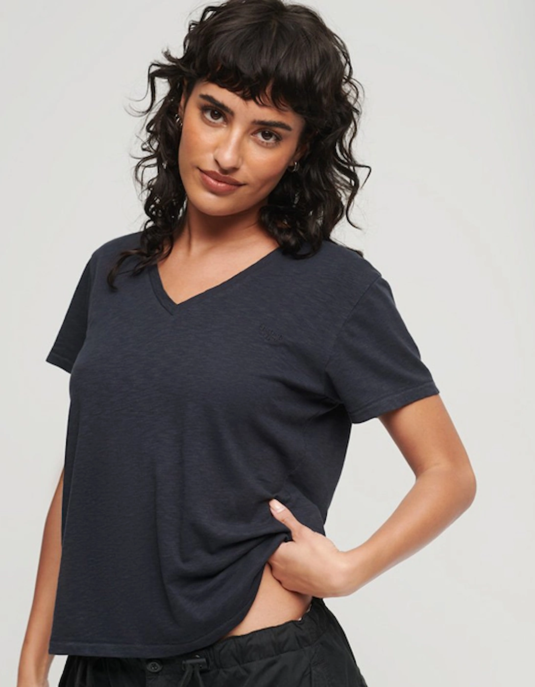 Women's Studios Slub Embroidered Vee T-Shirt Eclipse Navy, 7 of 6