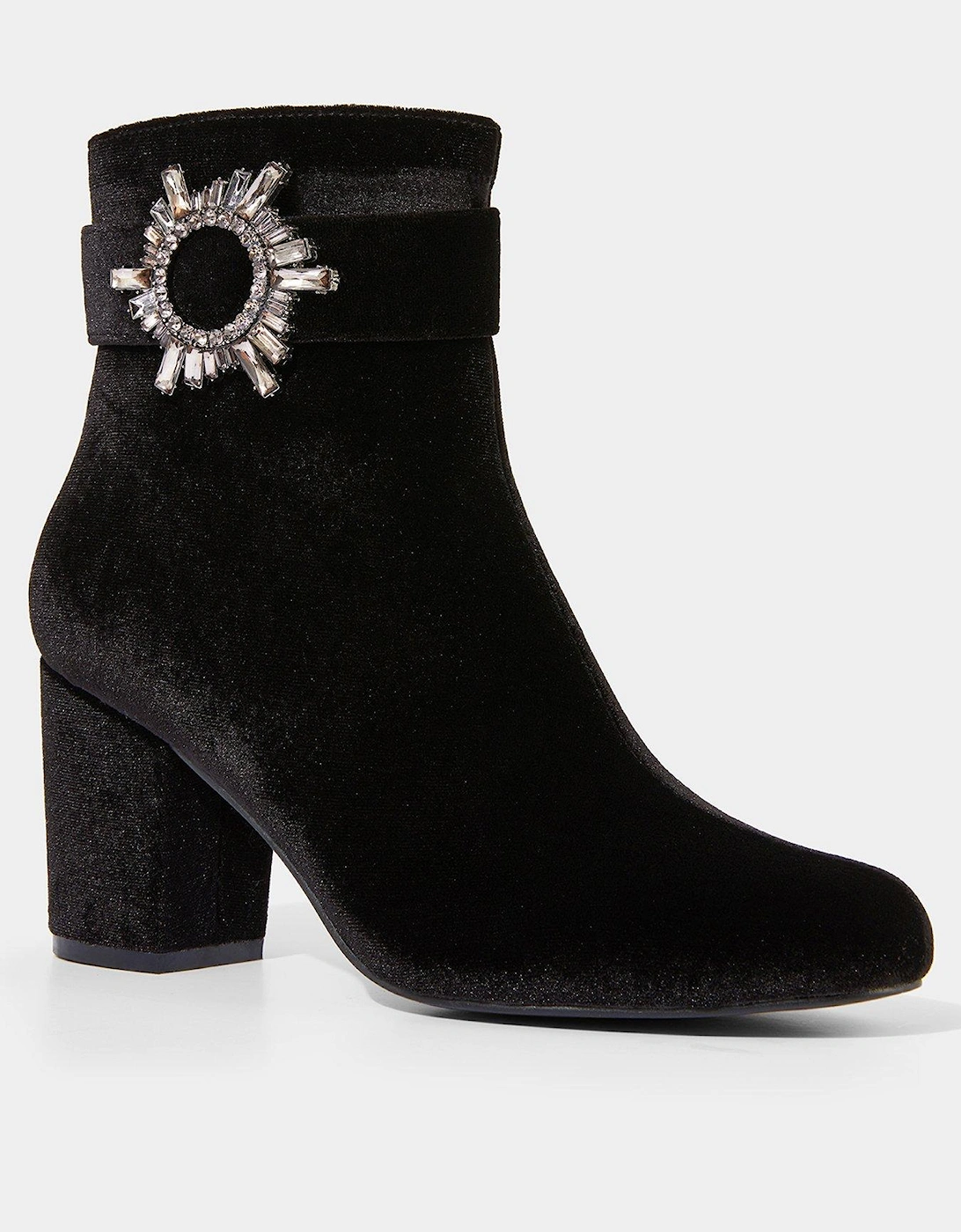 Diamante Buckle Velvet Boots - Black