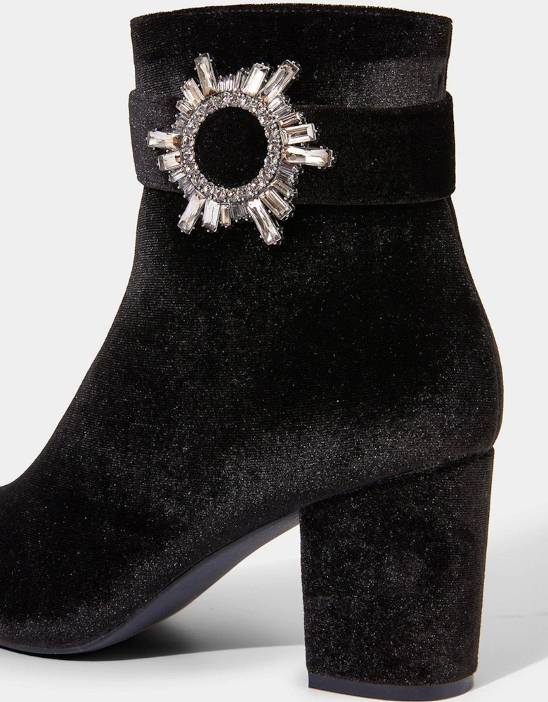 Diamante Buckle Velvet Boots - Black