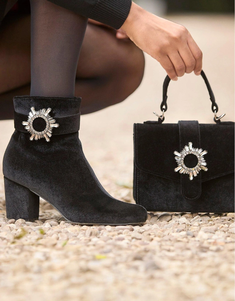 Diamante Buckle Velvet Boots - Black