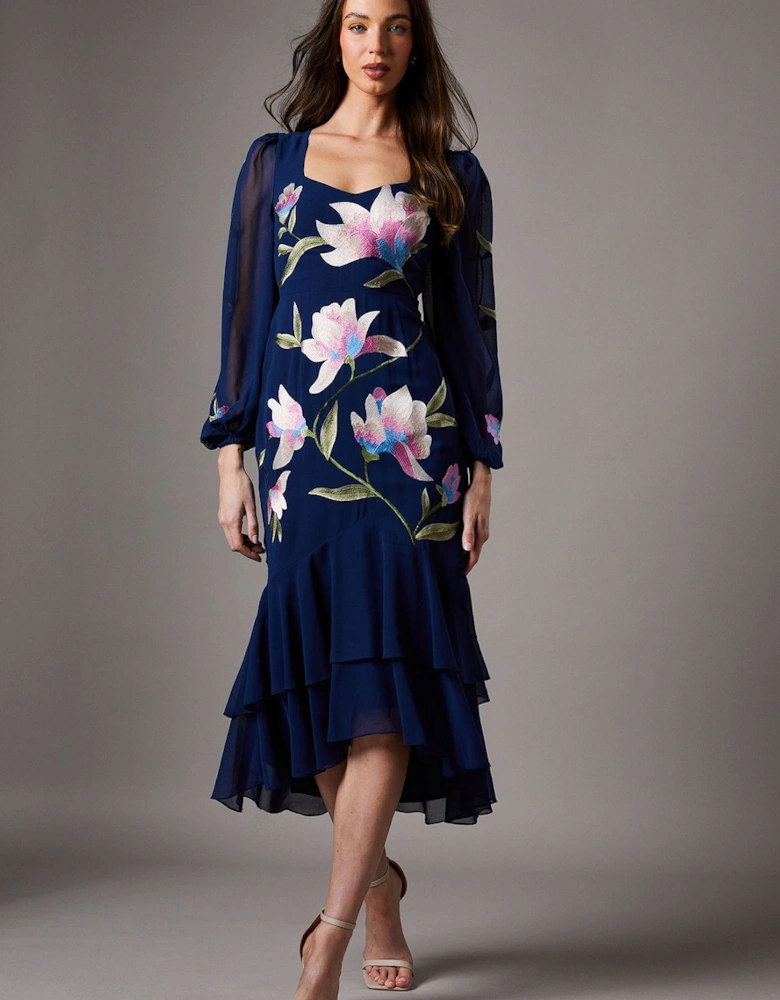 Petite Embroidered Ruffle Long Sleeve Dress