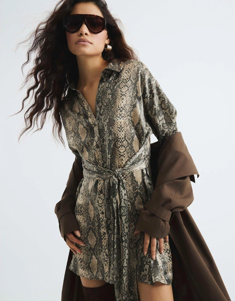 Tie Front Snake Print Shirt Dress - Brown