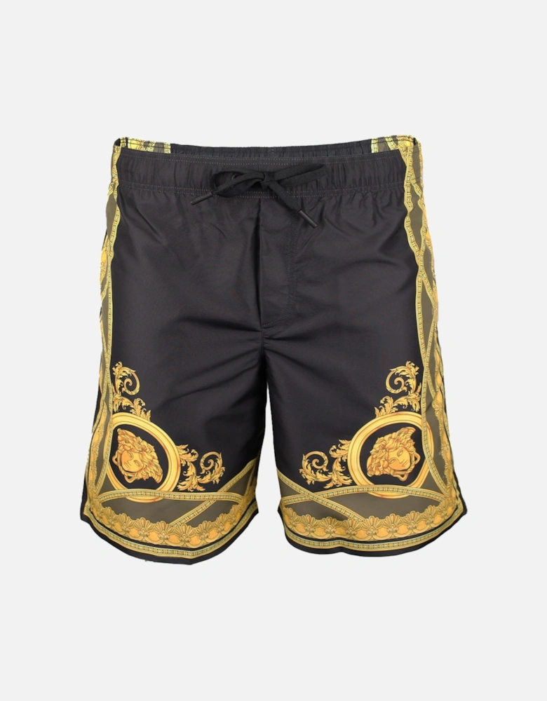 Longer-Length Heritage Print Swim Shorts, Black/Gold