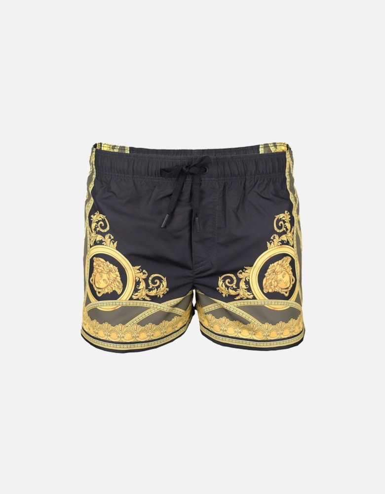 Heritage Print Swim Shorts, Black/Gold