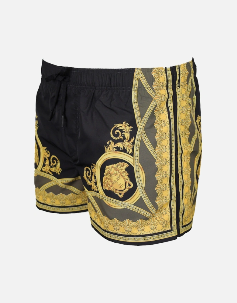 Heritage Print Swim Shorts, Black/Gold