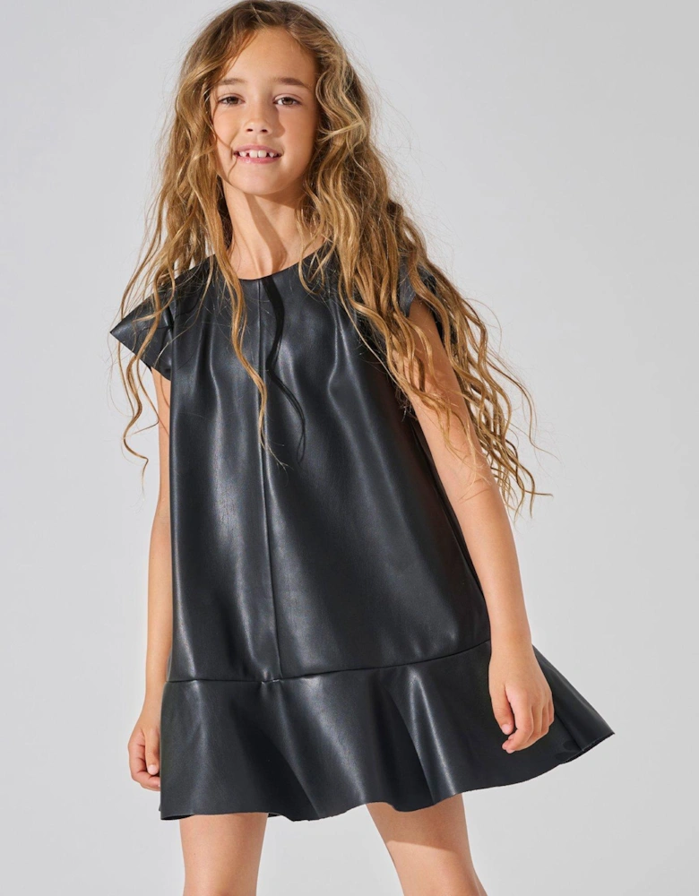 Girls Faux Leather Dress - Black