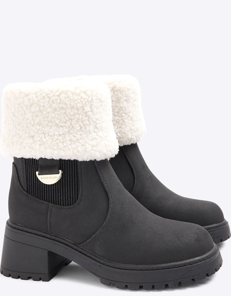 Shearling Cuff Heeled Boots - Black