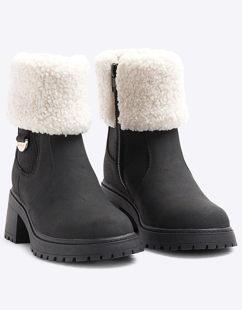 Shearling Cuff Heeled Boots - Black