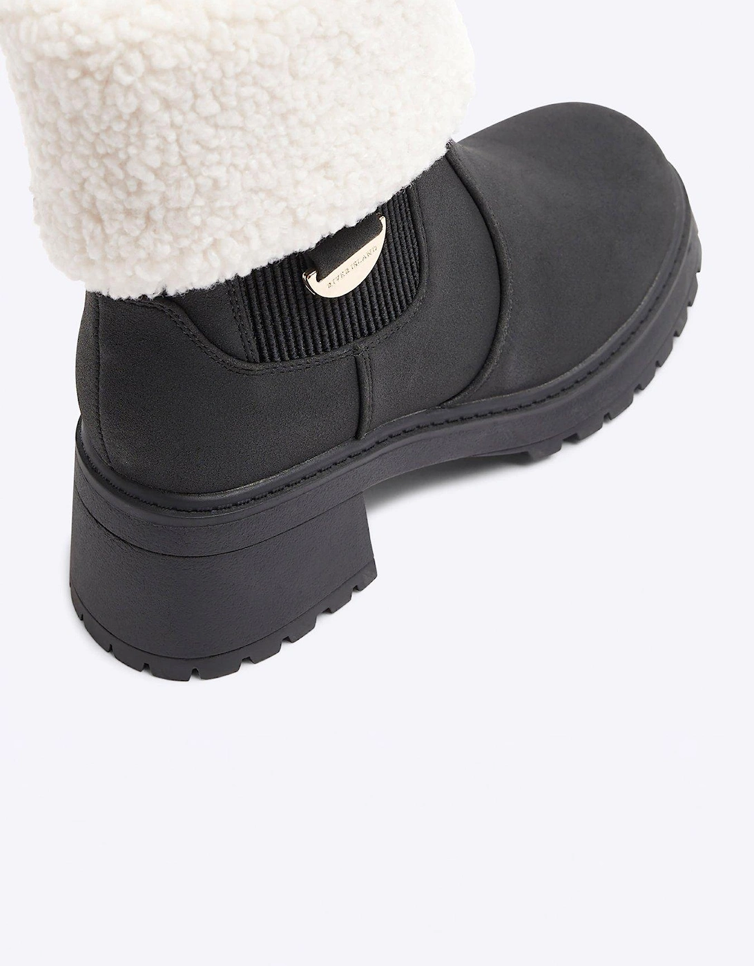 Shearling Cuff Heeled Boots - Black