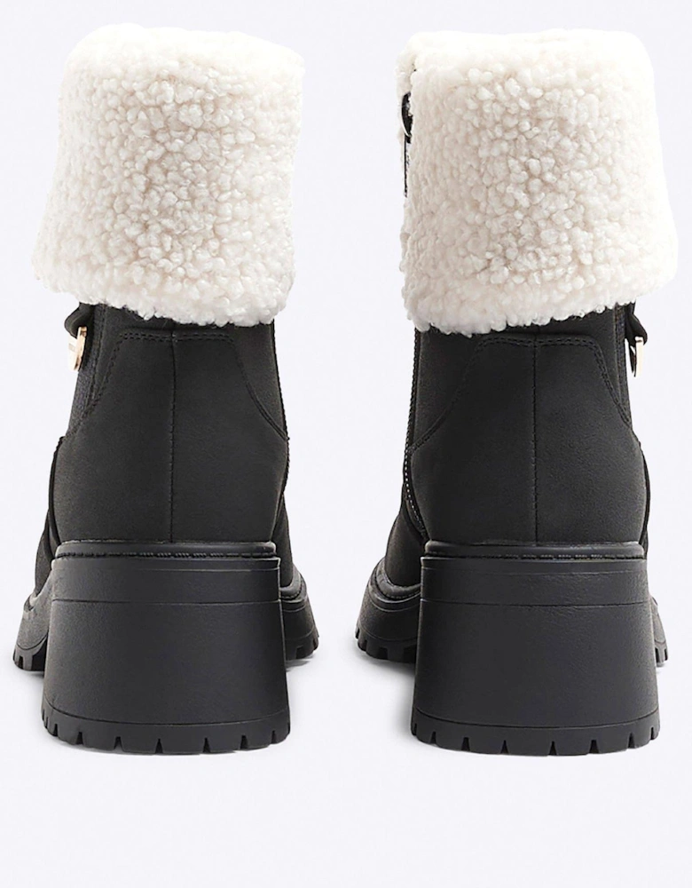 Shearling Cuff Heeled Boots - Black