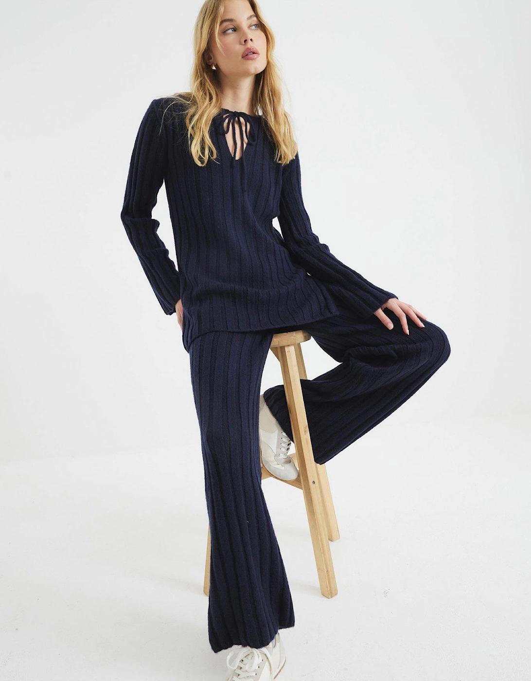 Ribbed Flare Trouser - Navy - Blue