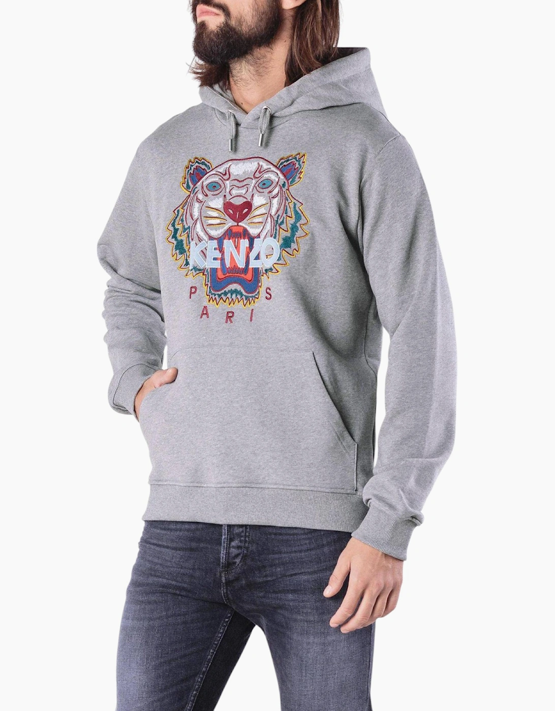 Kenzo Men's Grey Hoodie Classic Tiger Hoodie Pullover Jumper Winter Long Sleeve  38 M