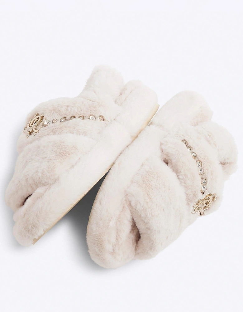 Girls Faux Fur Open Toe Slippers - Cream