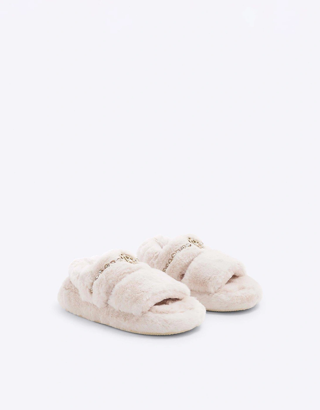 Girls Faux Fur Open Toe Slippers - Cream