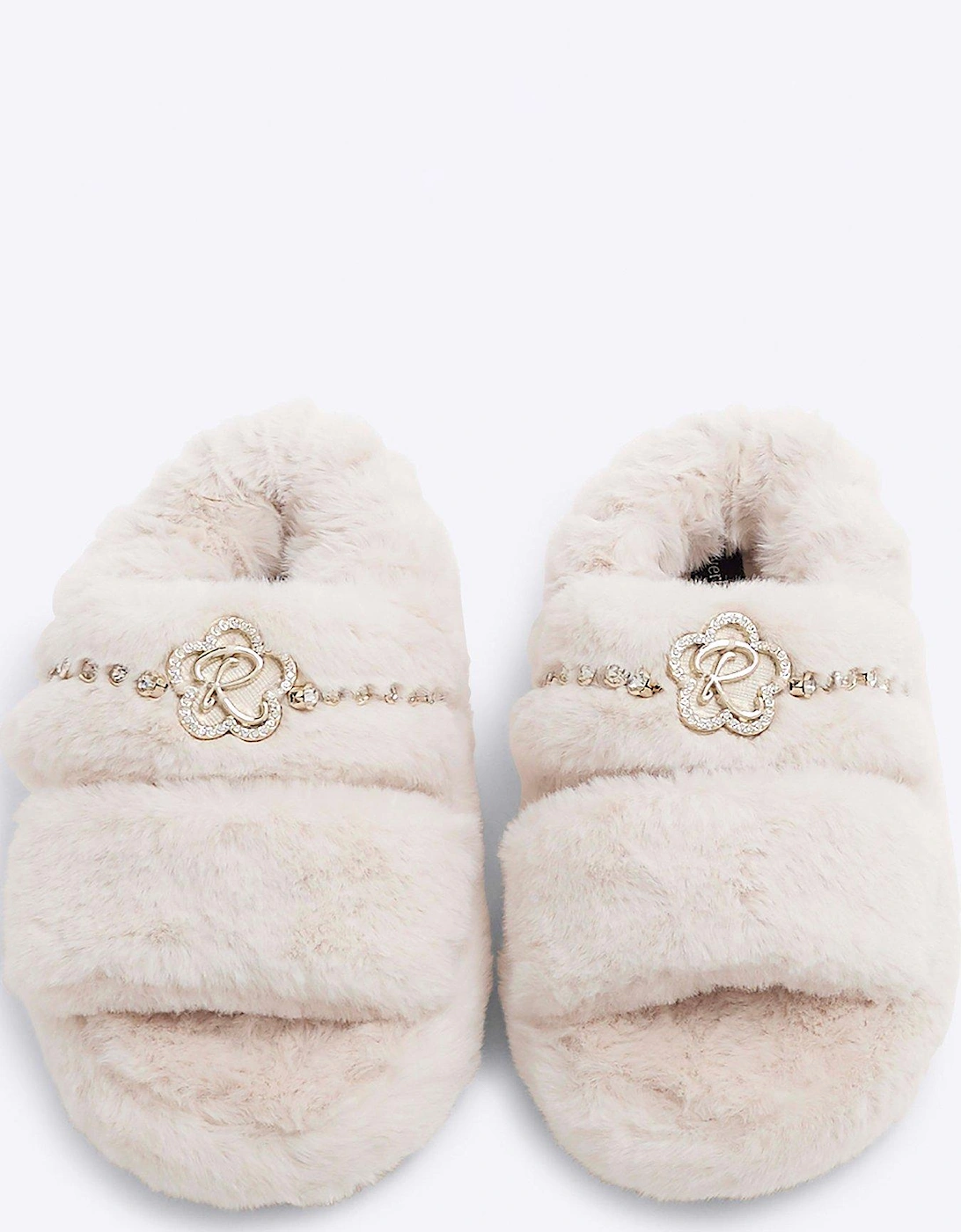 Girls Faux Fur Open Toe Slippers - Cream