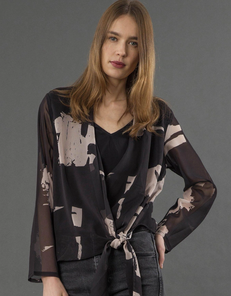 Infinity  Hand-Painted Print Wrap Top With Tie Front - Black