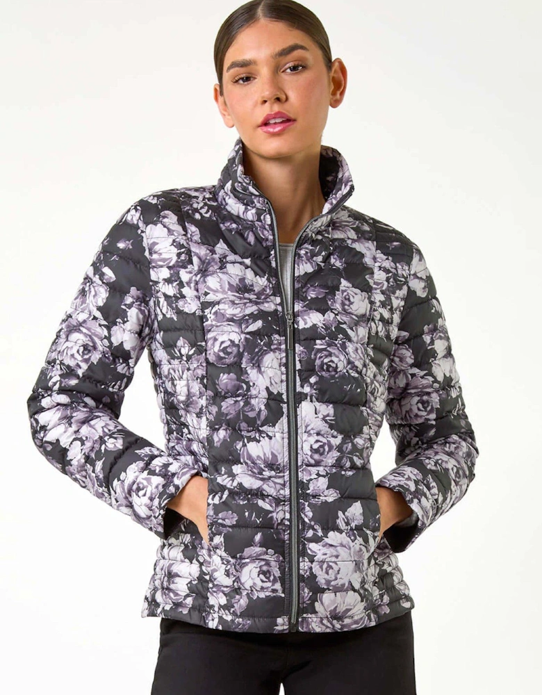 Floral Print Lightweight Quilted Coat - Grey