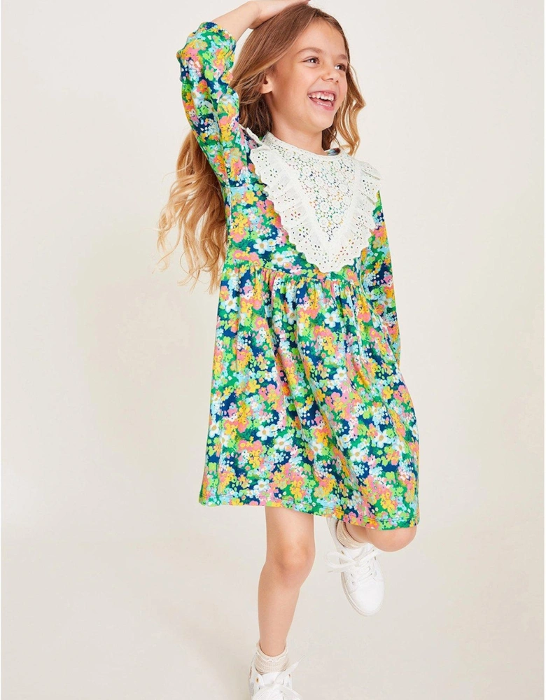 Girls Long Sleeve Floral Lace Yoke Dress - Green