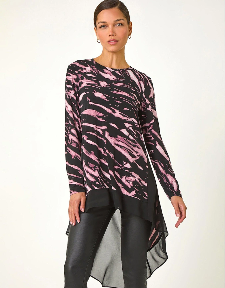 Abstract Print Chiffon Hem Tunic Top - Pink