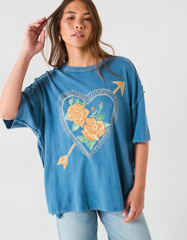 Love Rose Printed T-Shirt - Blue