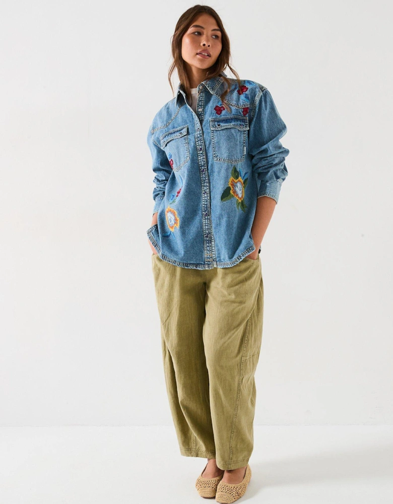 Oh The Places You'll Go Embroidered Denim Shirt - Blue