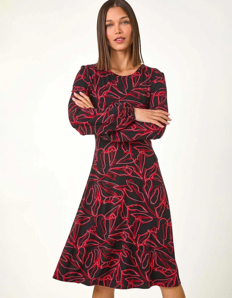 Leaf Print Stretch Tea Dress - Red