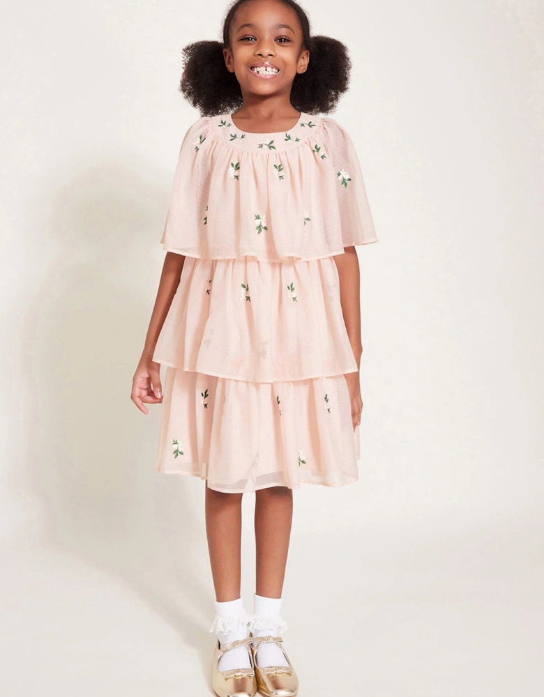 Girls Katinka Embroidered Tiered Dress - Pink