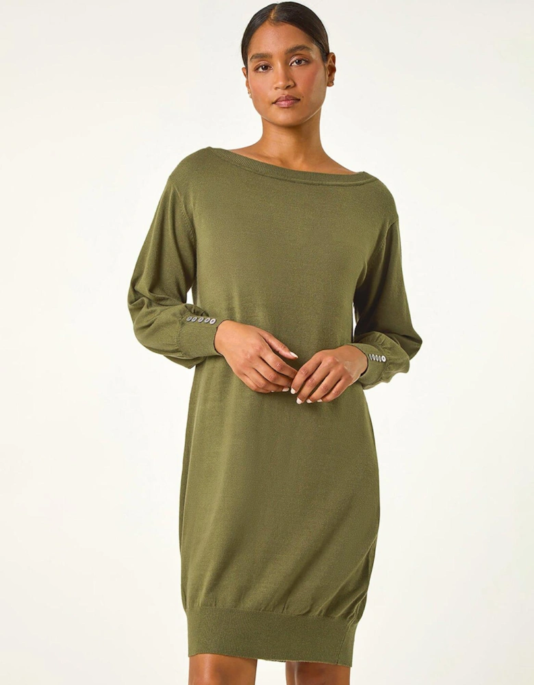 Button Detail Knitted Jumper Dress - Khaki