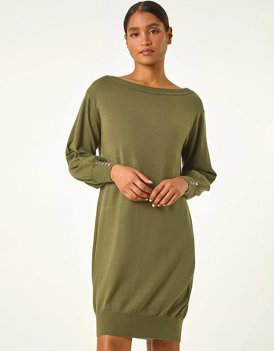 Button Detail Knitted Jumper Dress - Khaki, 2 of 1