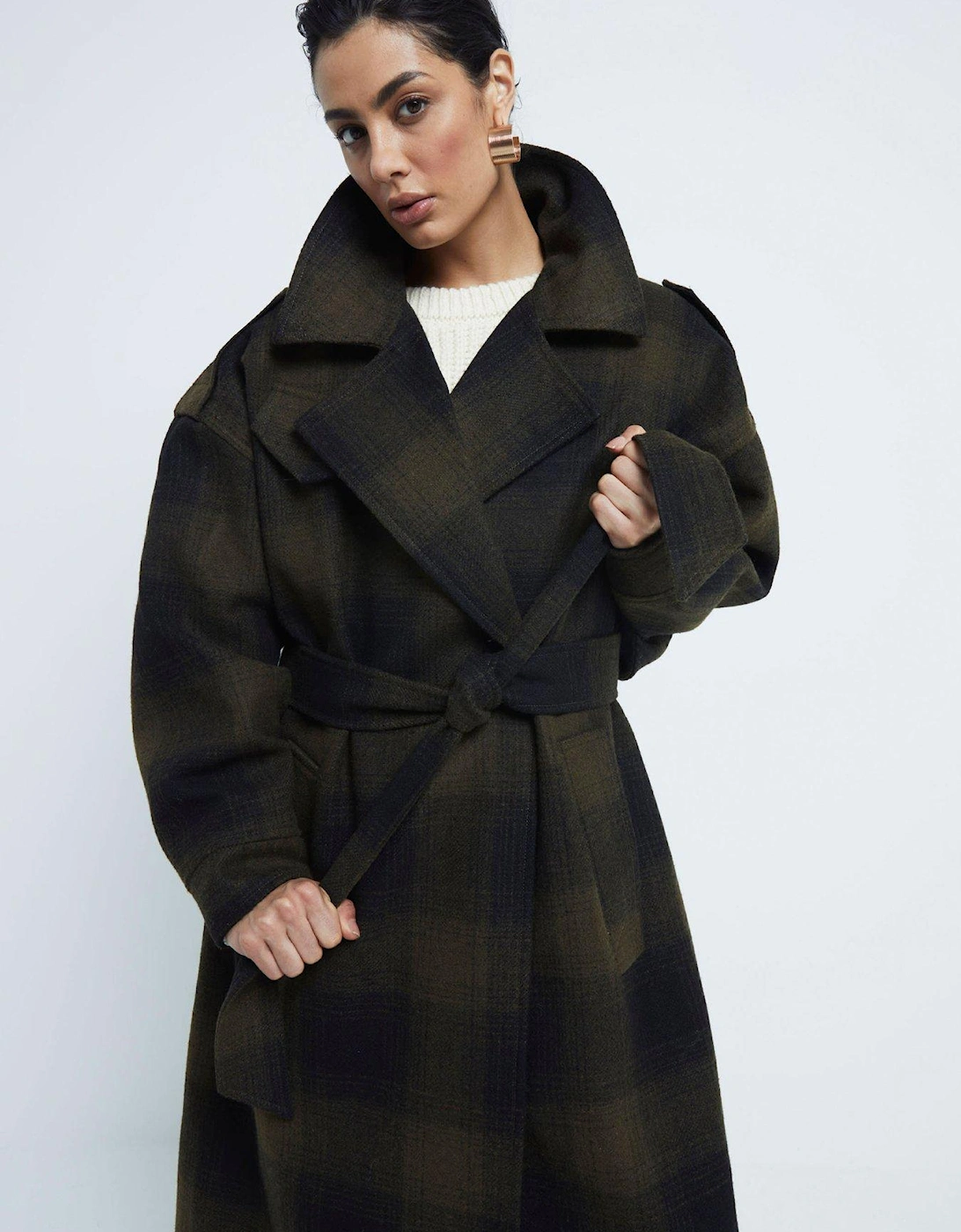 Checked Belted Coat - Dark Green