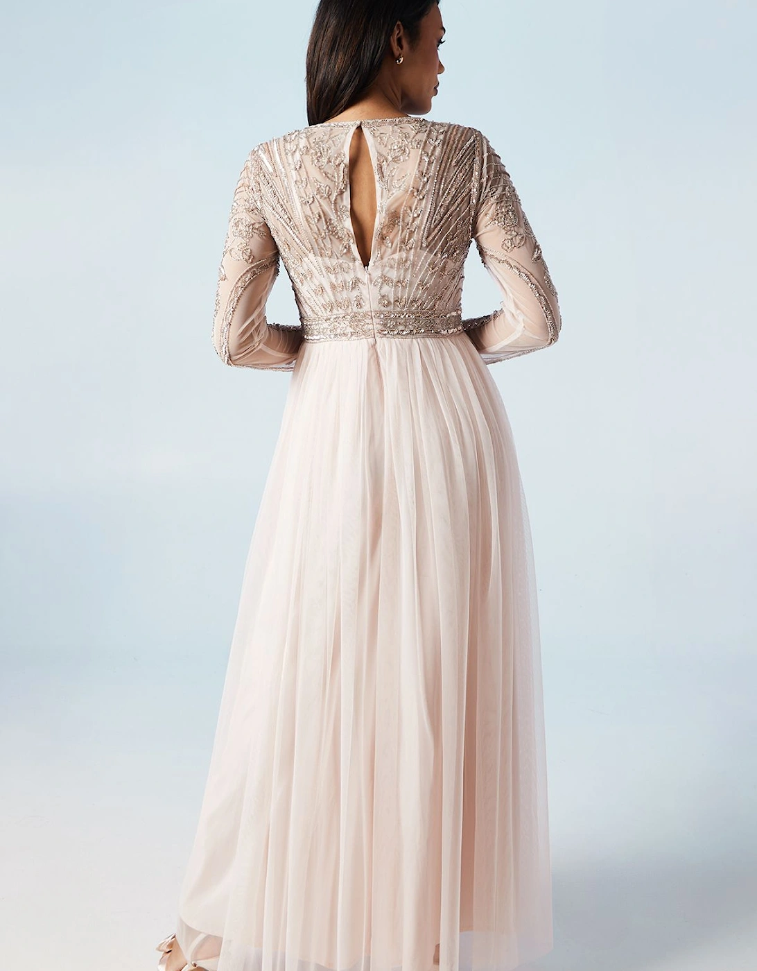 Placement Embellished Long Sleeve Tulle Skirt Bridesmaids Dress