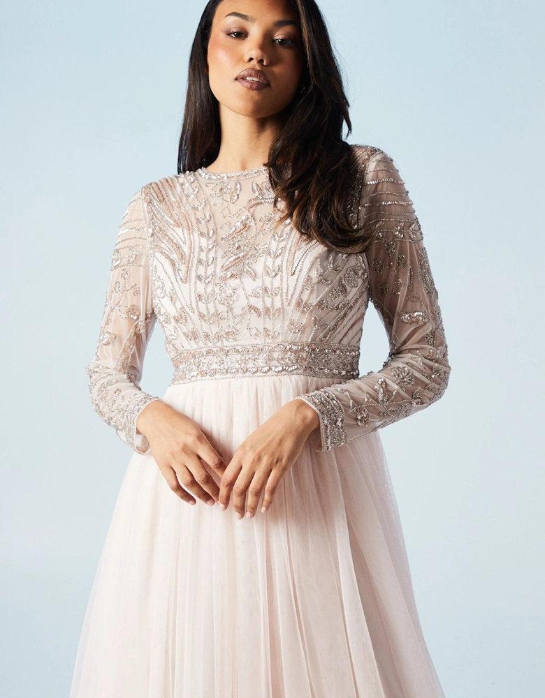 Placement Embellished Long Sleeve Tulle Skirt Bridesmaids Dress