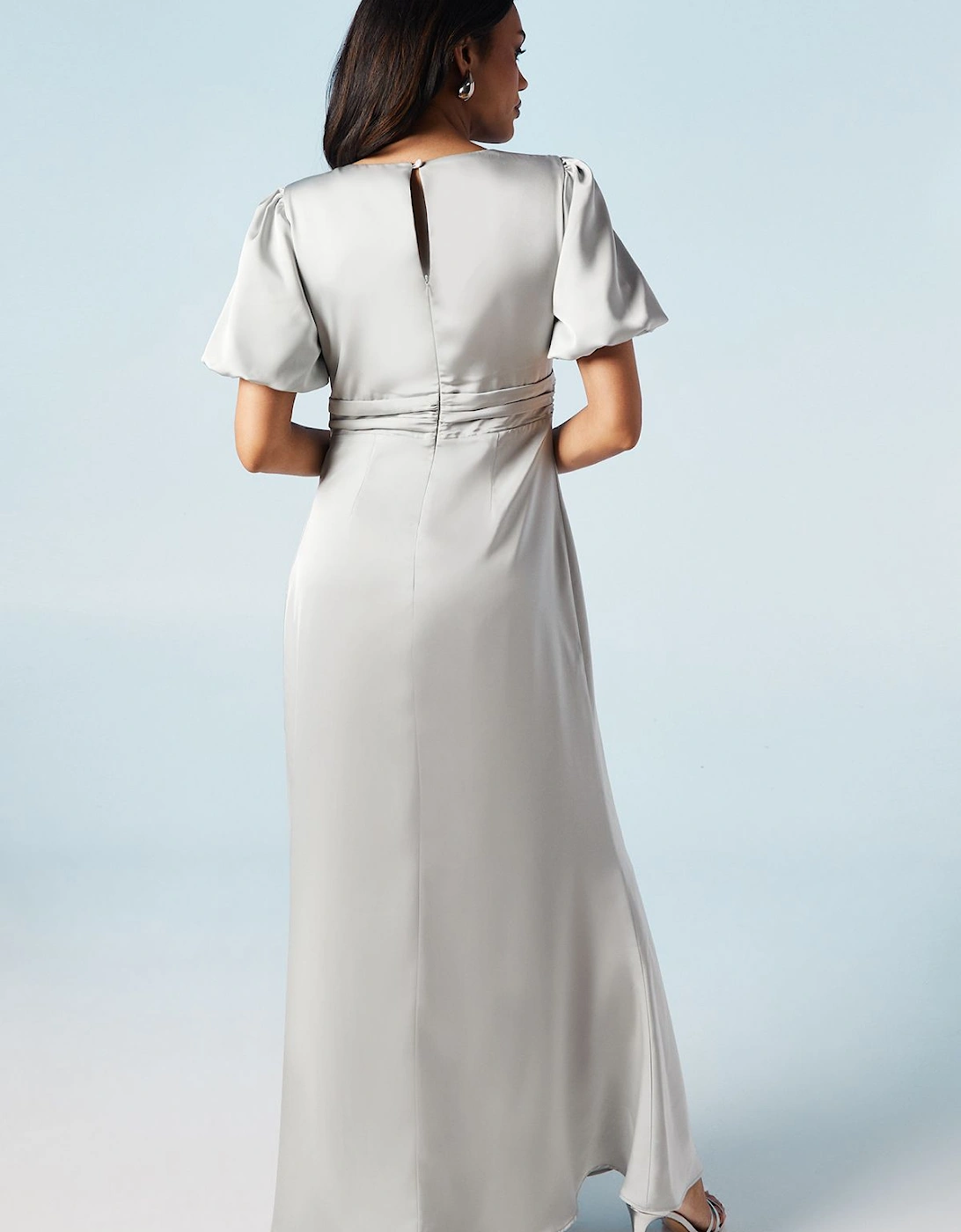 Twist Detail Puff Sleeve Satin Bridesmaids Maxi Dress