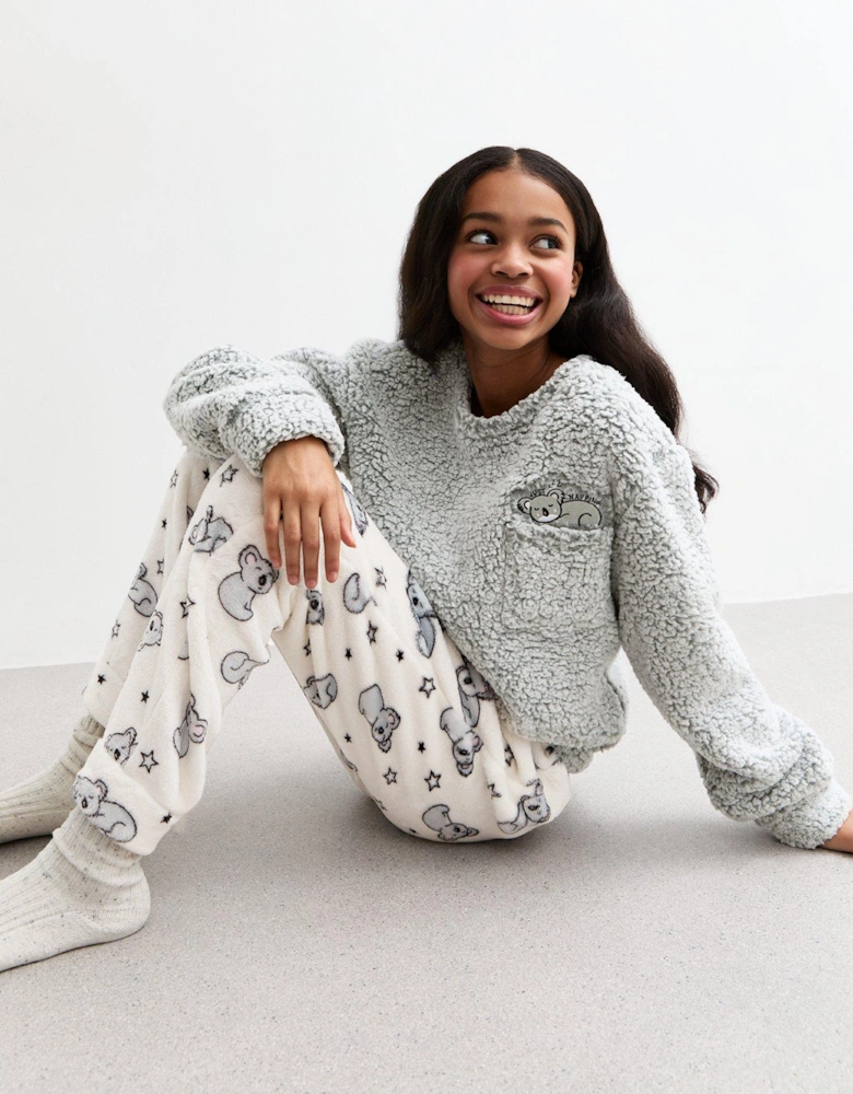 Girls Grey Koala Print Fluffy Long Lounge Set