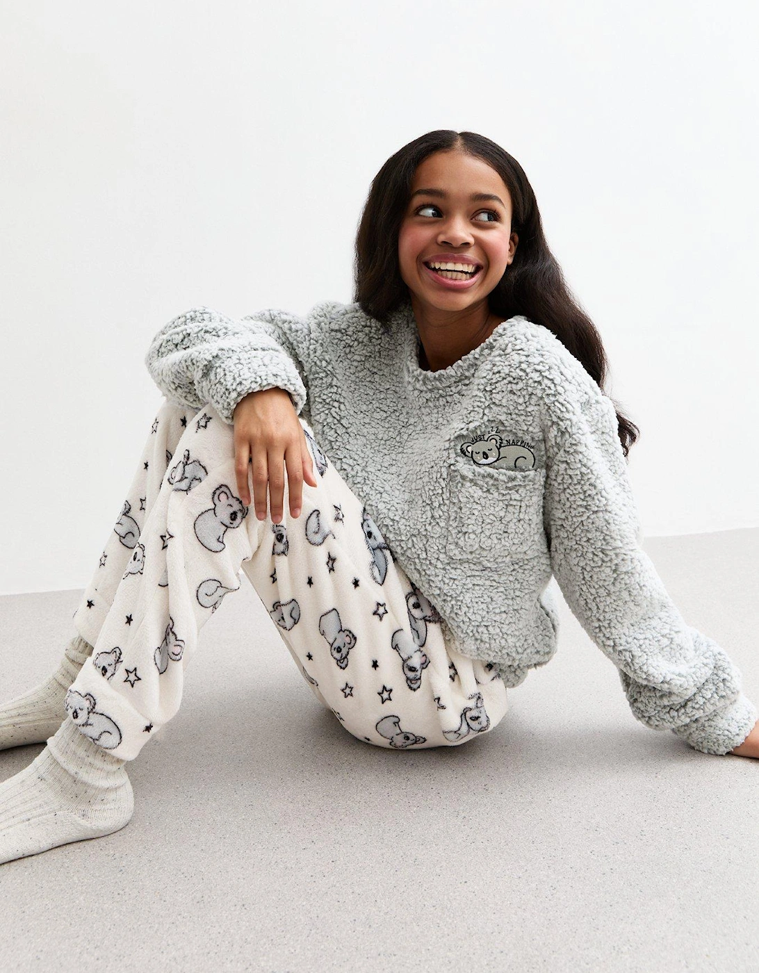 Girls Grey Koala Print Fluffy Long Lounge Set