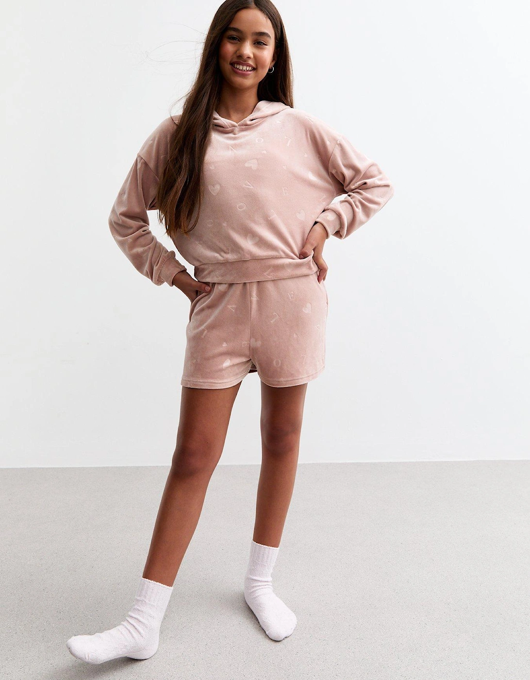 Girls Dusty Pink Burnout Velour Hoodie And Shorts Set