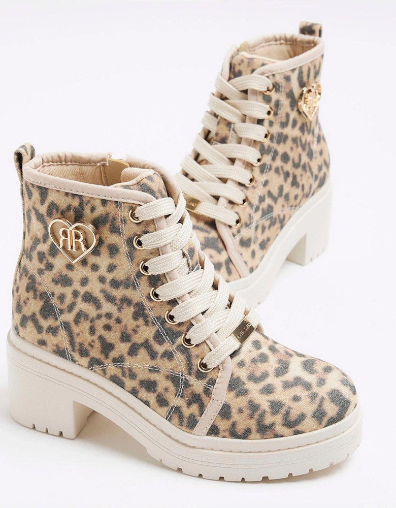 Girls Leopard Canvas Heeled Boot - Beige