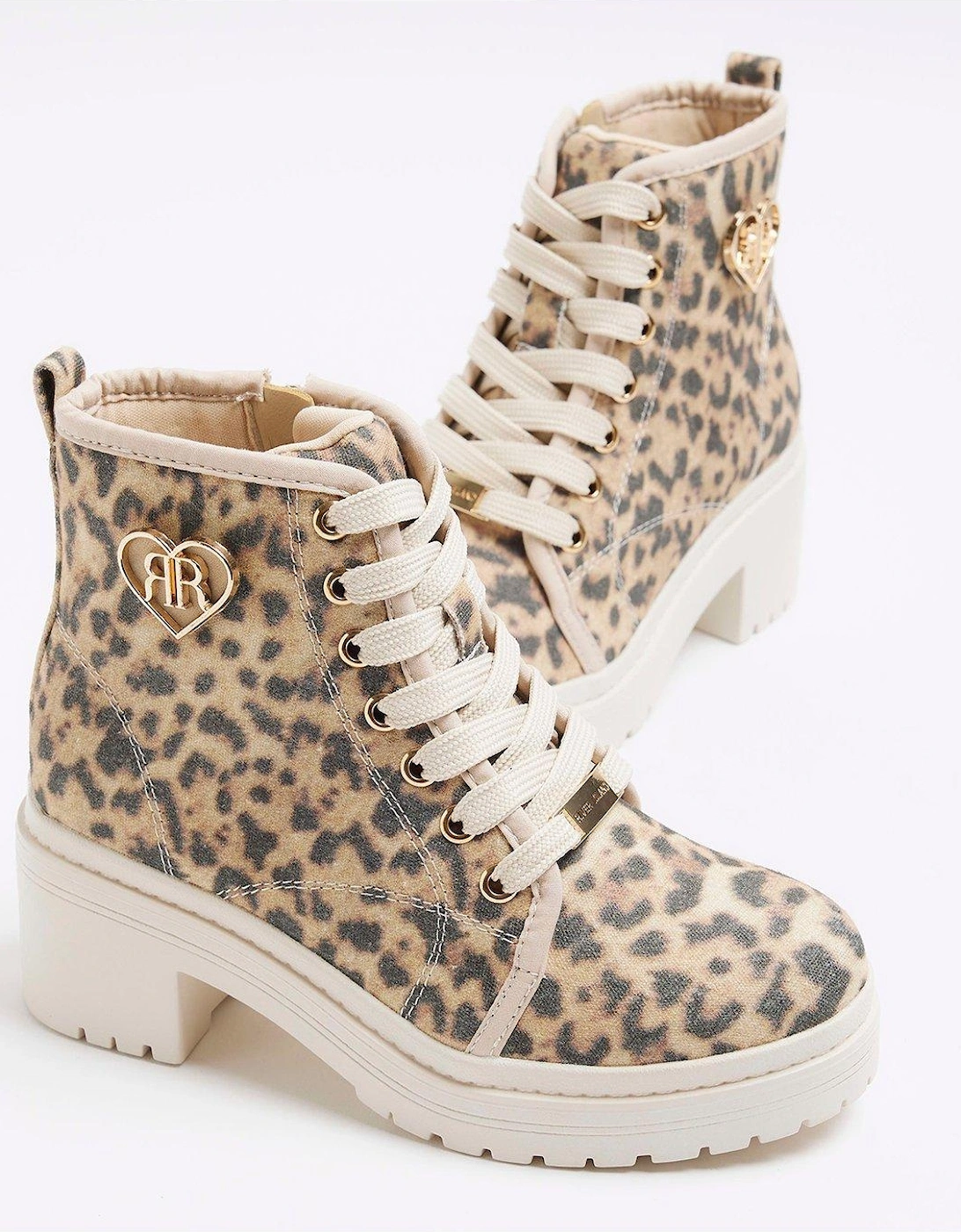 Girls Leopard Canvas Heeled Boot - Beige