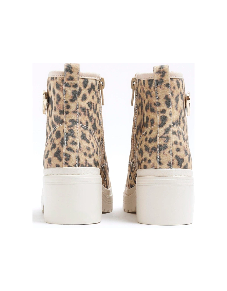 Girls Leopard Canvas Heeled Boot - Beige