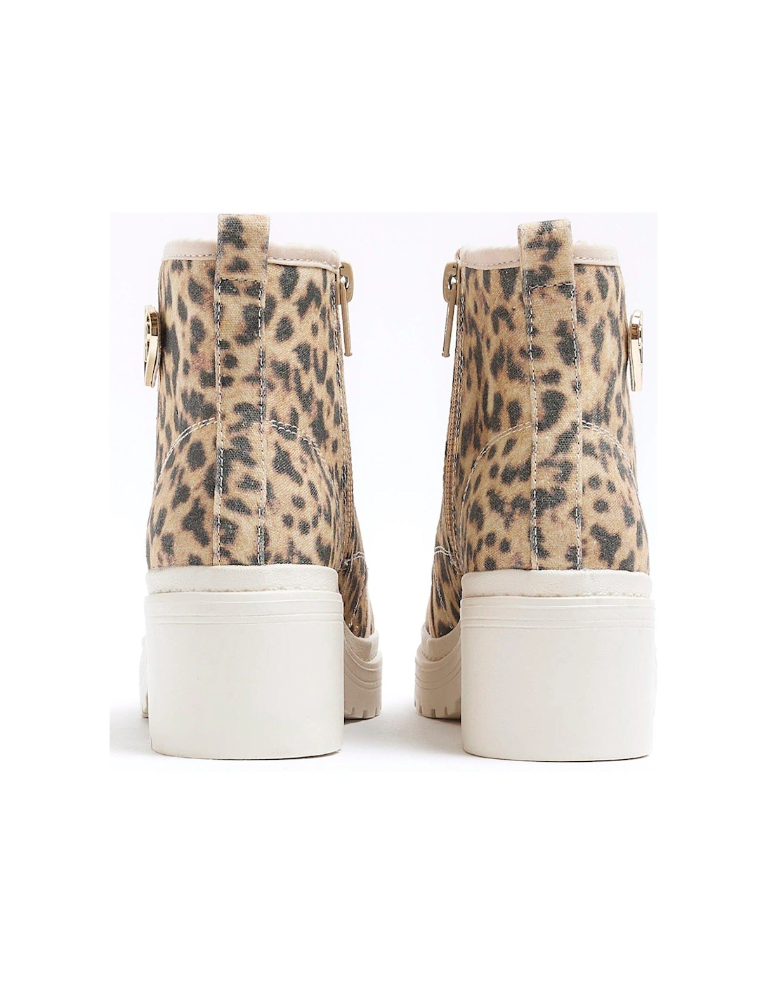 Girls Leopard Canvas Heeled Boot - Beige