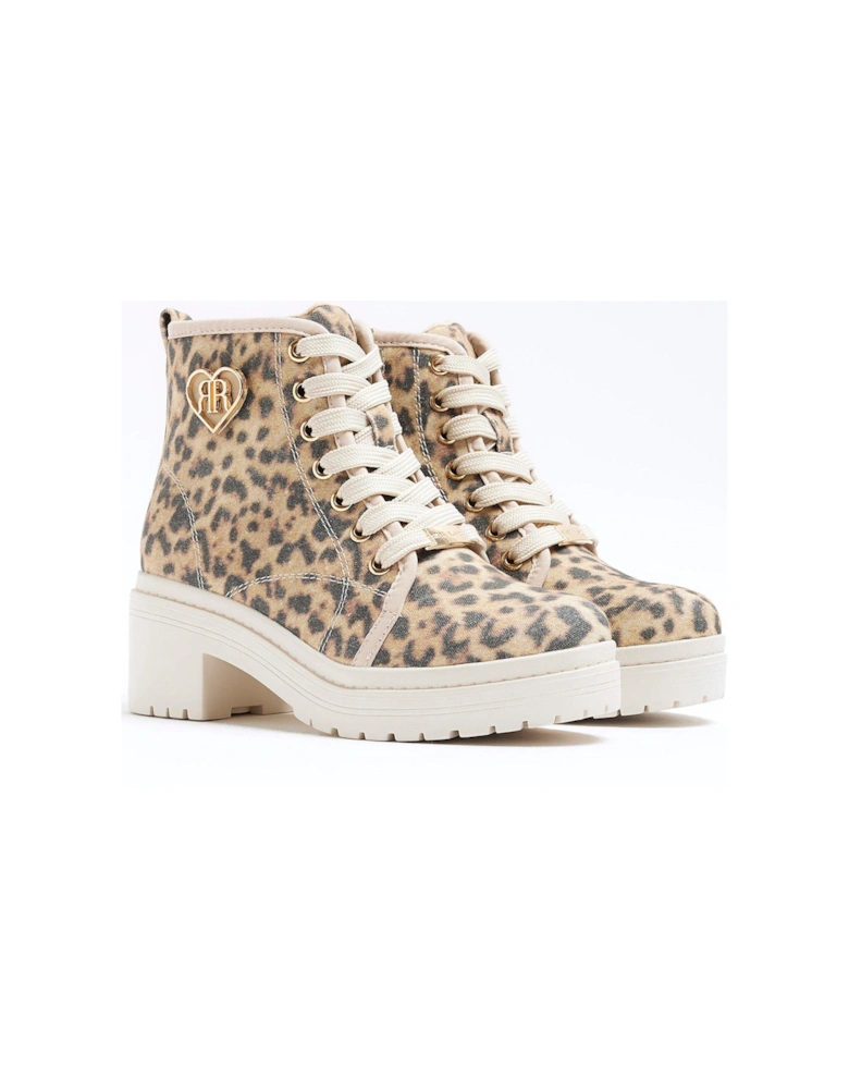 Girls Leopard Canvas Heeled Boot - Beige