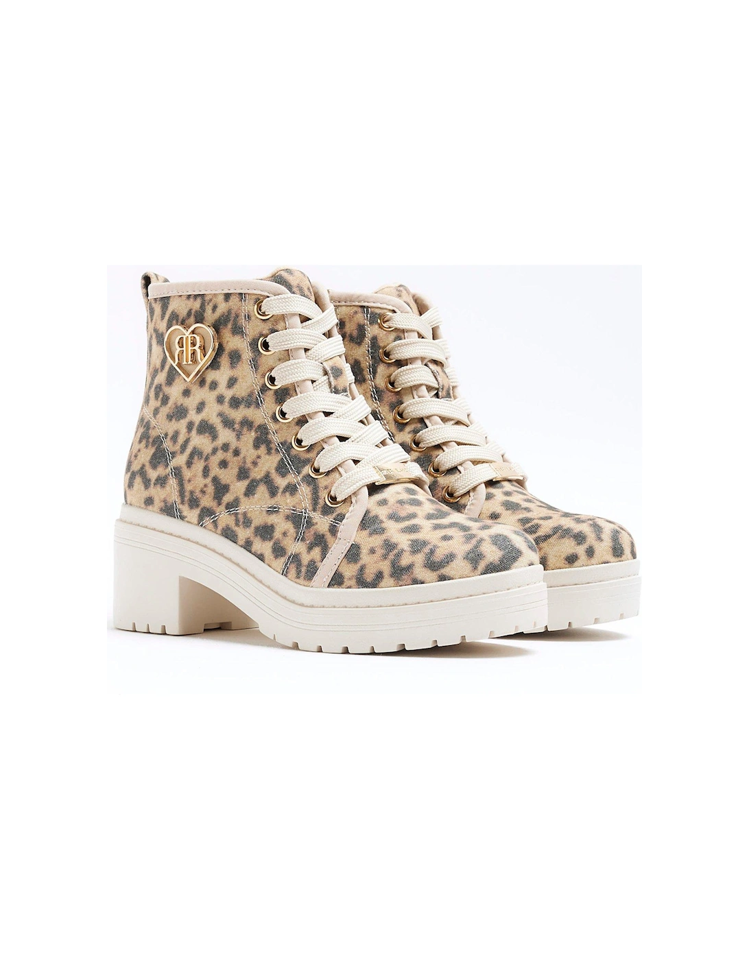 Girls Leopard Canvas Heeled Boot - Beige