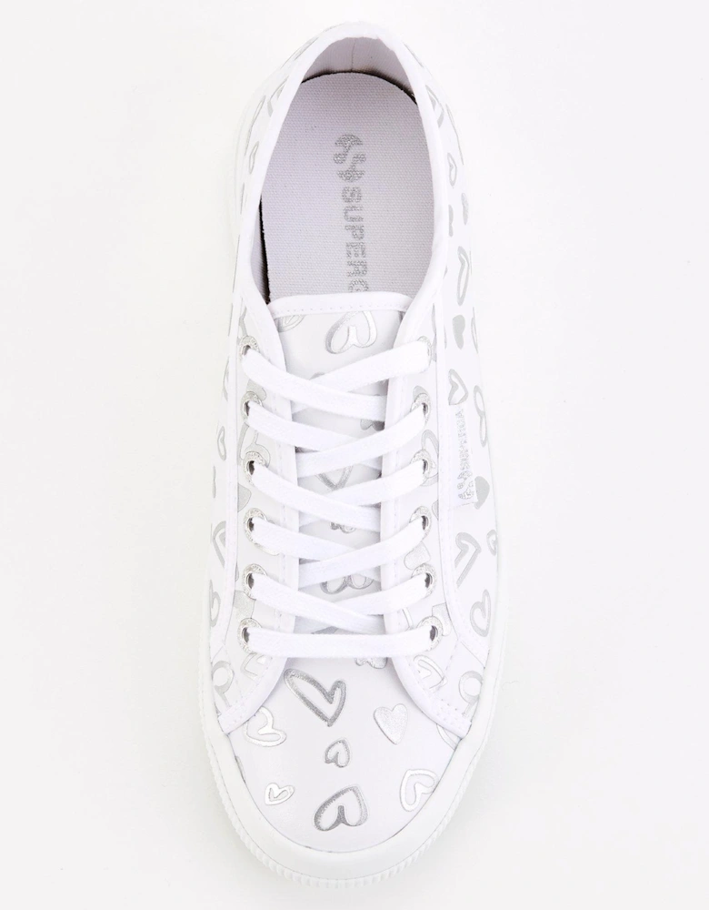 2740 Faux Leather Hearts Print Plimsoll - White Silver Hearts