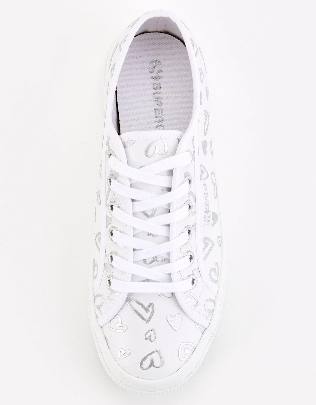 2740 Faux Leather Hearts Print Plimsoll - White Silver Hearts