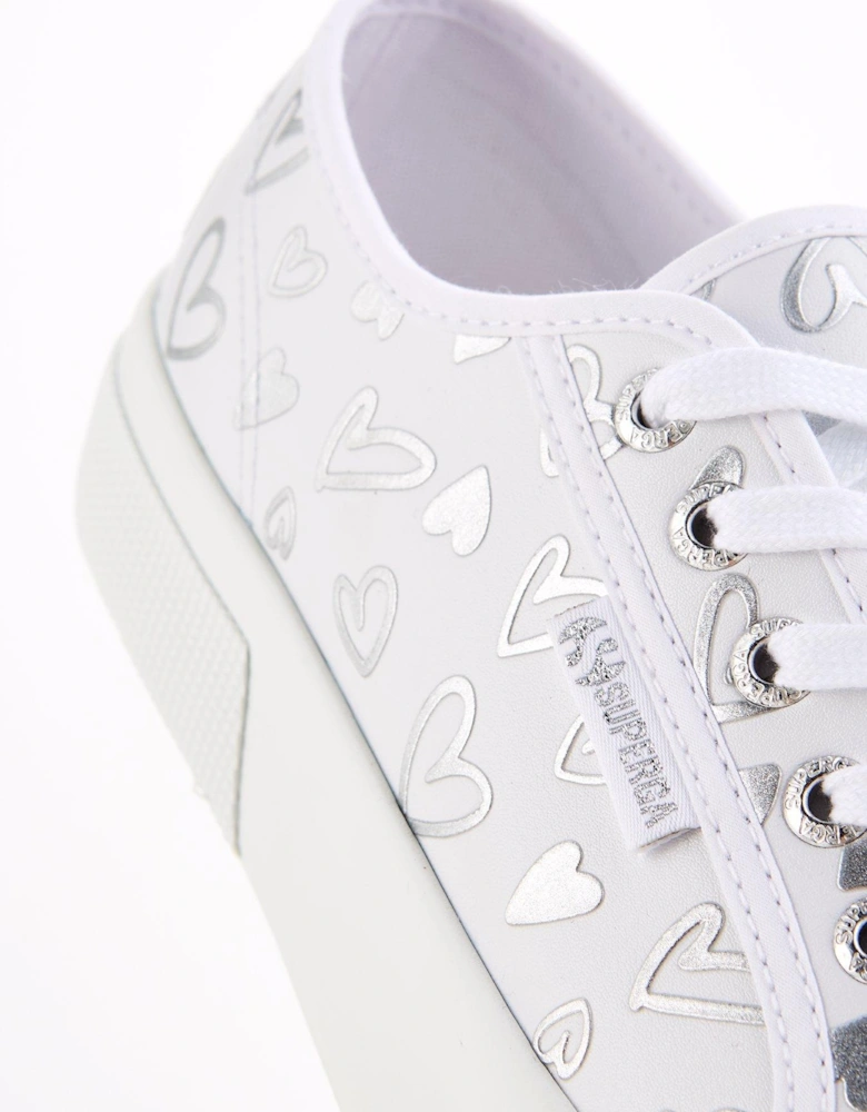 2740 Faux Leather Hearts Print Plimsoll - White Silver Hearts